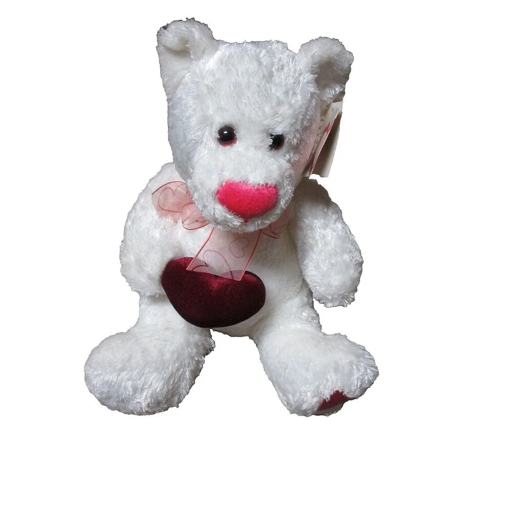 White Teddy Bear Pink Heart Bow Plush Stuffed Animal 10” NWT